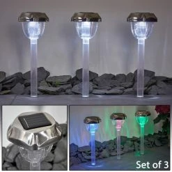 Hofstein Groningen 3er Set Solarleuchte LED Edelstahl, Transparent, Klar, 2-flammig, Farbwechsler
